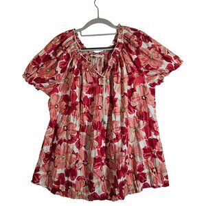 Croft & Barrow Floral Red Pink Peasant Blouse drawstring Womens L Feminine fun
